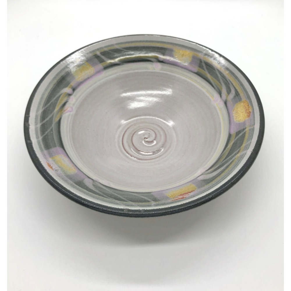 Signed Studio Pottery Signed Abstract Ceramic Bowl Gray Lavender Yellow 9.5"s